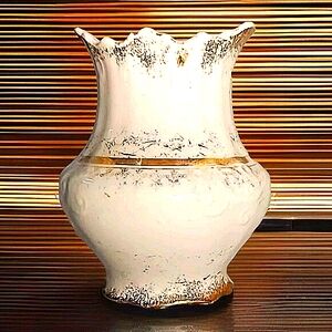Antique Homer Laughlin White Brush Jar Small Vase Shape Gold Accent 5"